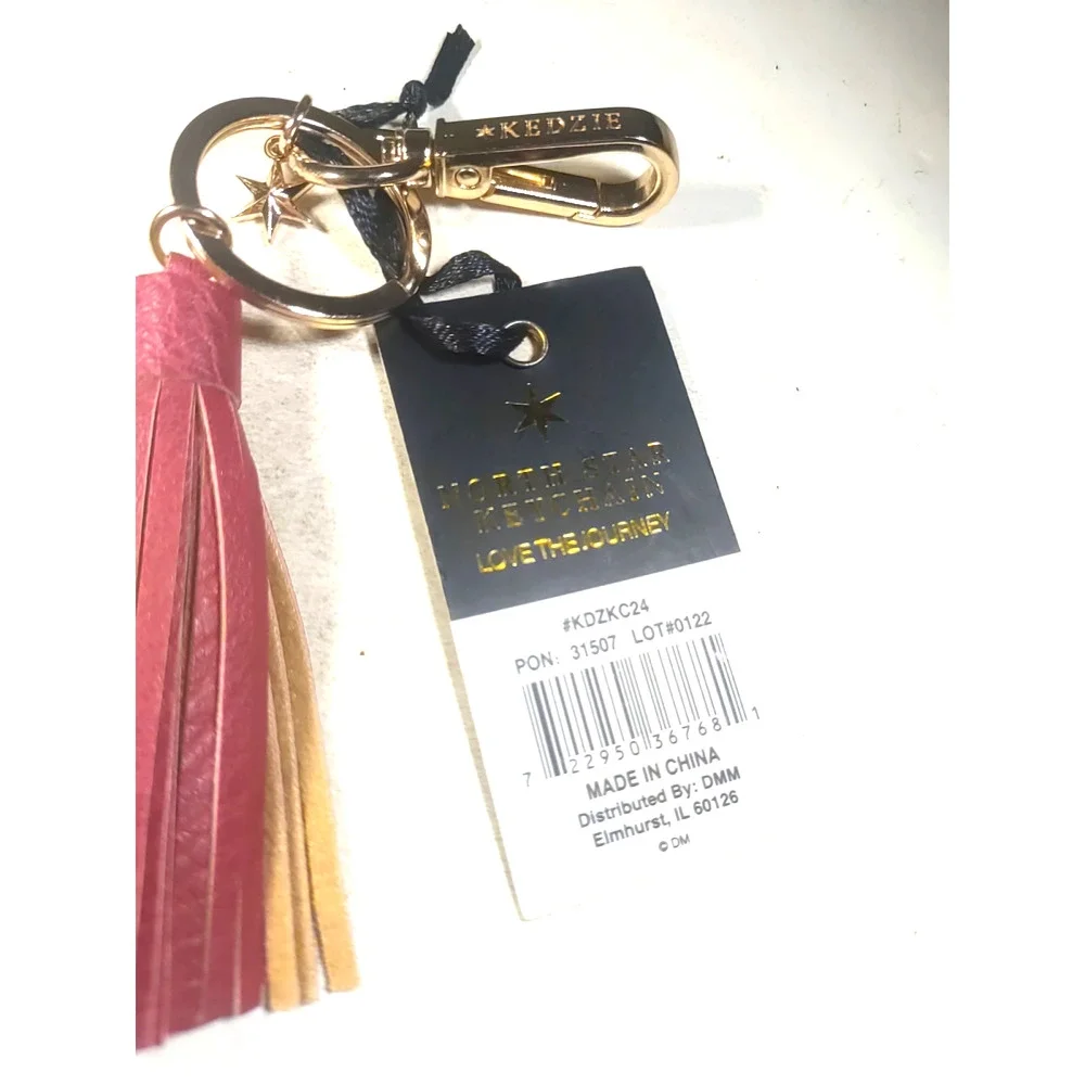 Kedzie Keychain Red Leather Fringe Gold Tone Keychain Purse Clip Star